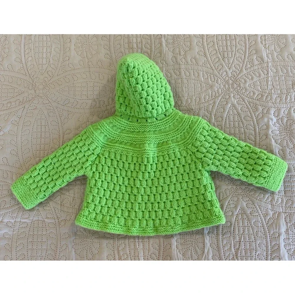 Vintage Toddler Handmade Knit Baby Sweater w/ Hood 12x12 Green Heirloom‎